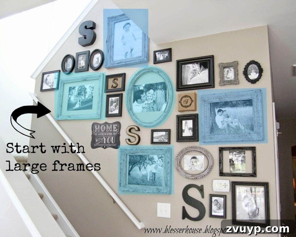 Your Fastest Path to a Stunning Gallery Wall 7 Diagram showing the placement of five large, anchor frames marked in blue on a wall template