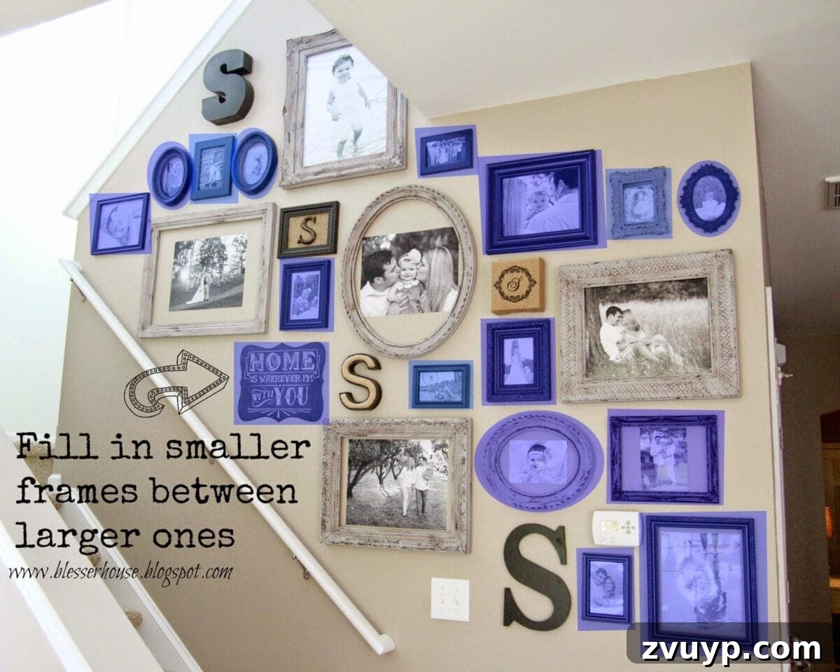 Your Fastest Path to a Stunning Gallery Wall 8 Diagram illustrating the addition of smaller frames around the anchor pieces in a gallery wall layout