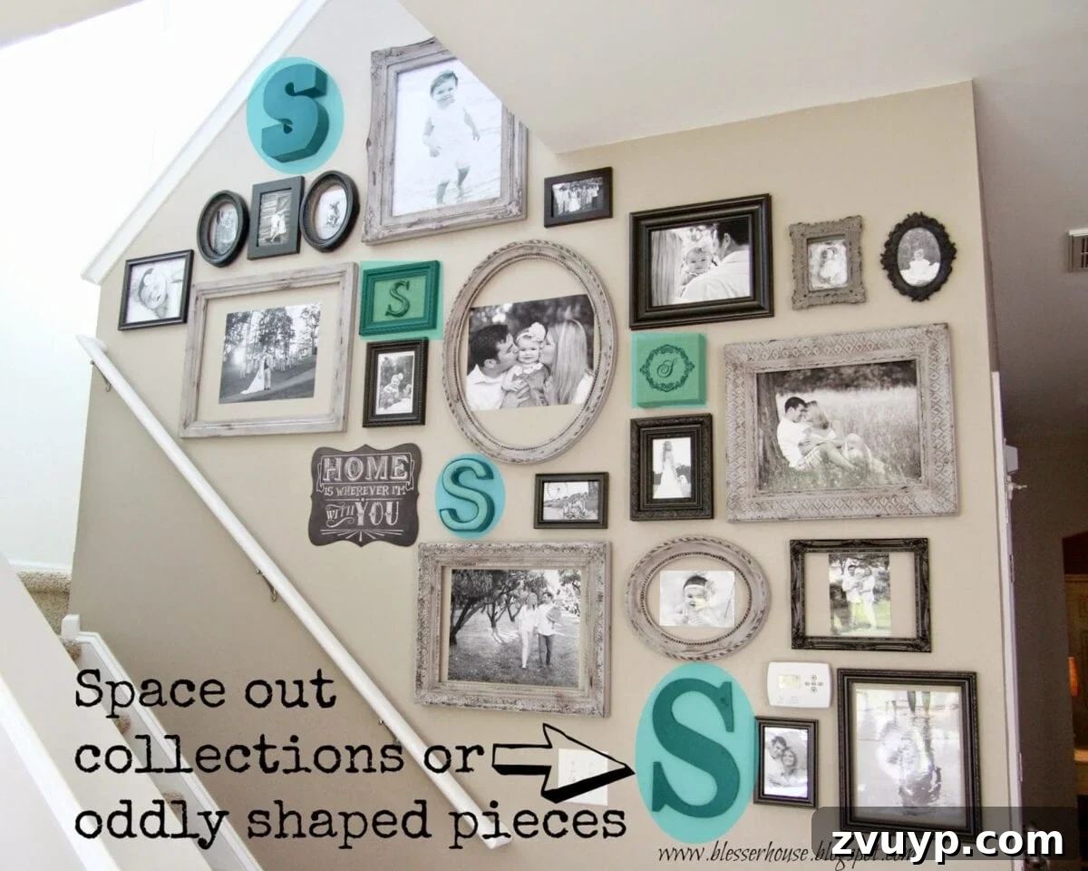 Your Fastest Path to a Stunning Gallery Wall 9 Completed paper template gallery wall layout, showing balanced arrangement with initials and varied textures
