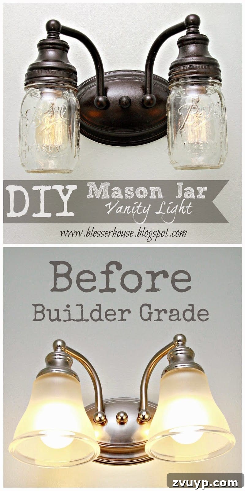 Before and after transformation of a basic bathroom vanity light into a farmhouse-style fixture with mason jars
