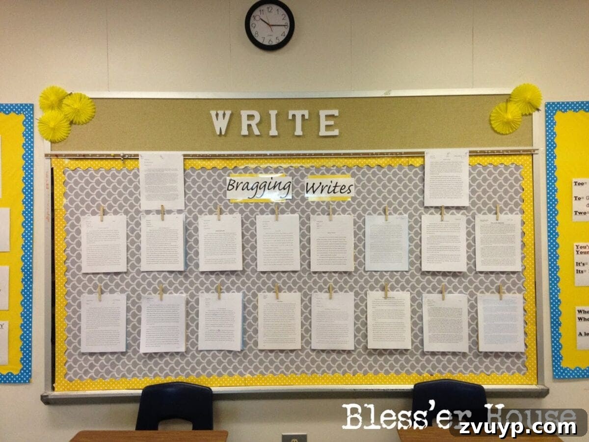 The 'Bragging Writes' wall, showcasing exemplary student essays as a source of inspiration and learning.