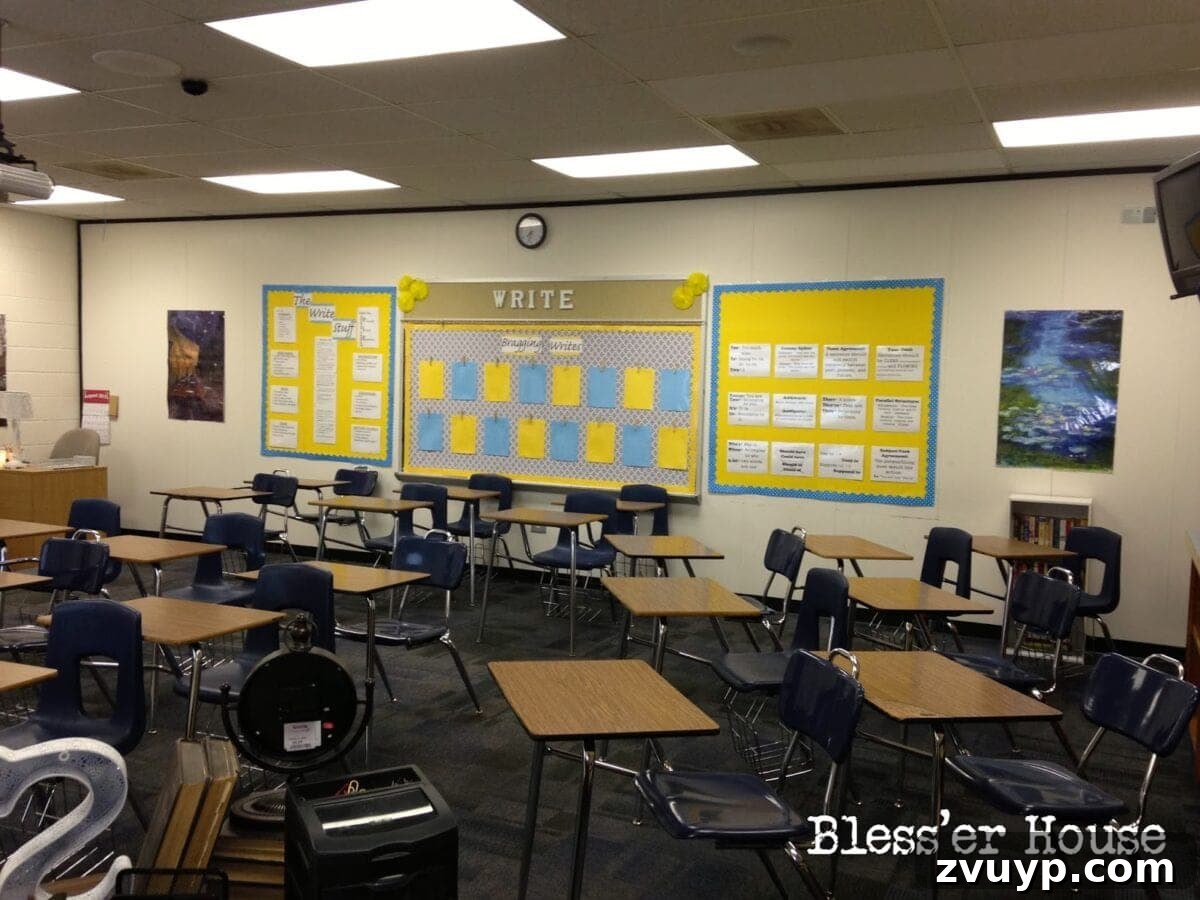 A wider view of a classroom corner, featuring the 'Bragging Writes' display and other vibrant decorative elements.