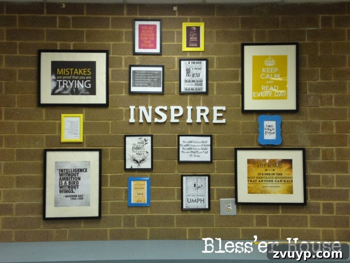An 'Inspiration Wall' adorned with framed motivational quotes and art, creating a positive and reflective space.
