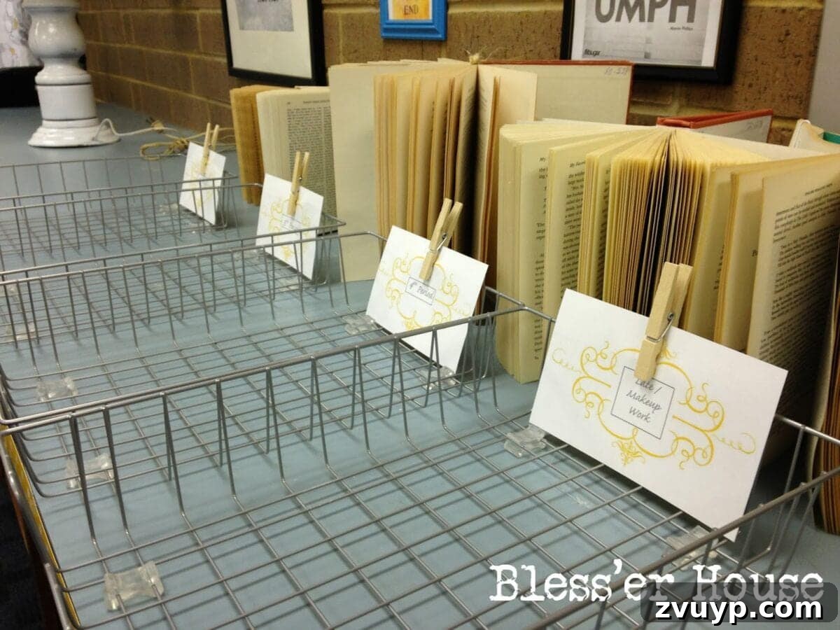 Organized wire turn-in trays for student assignments, featuring customizable labels and decorative book ends.