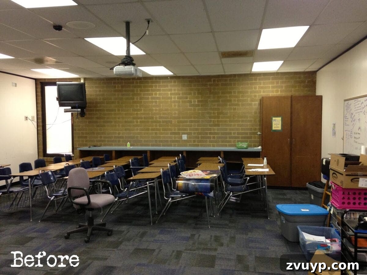 A 'before' photo of a typical, unadorned high school classroom, showing a plain and uninspiring learning space.