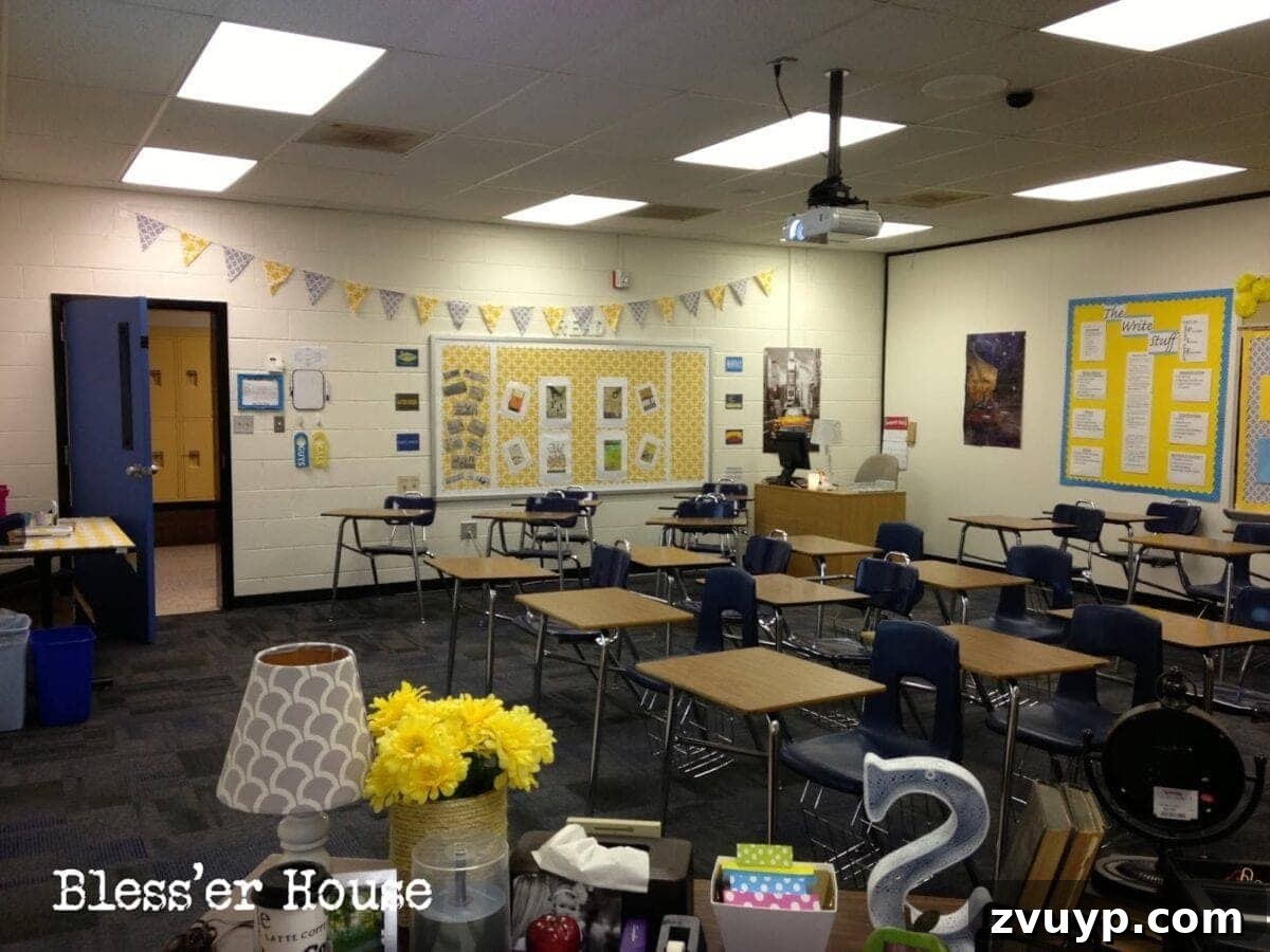 The front desk corner of the classroom, showcasing student resources, vibrant decor, and an overall inviting ambiance.