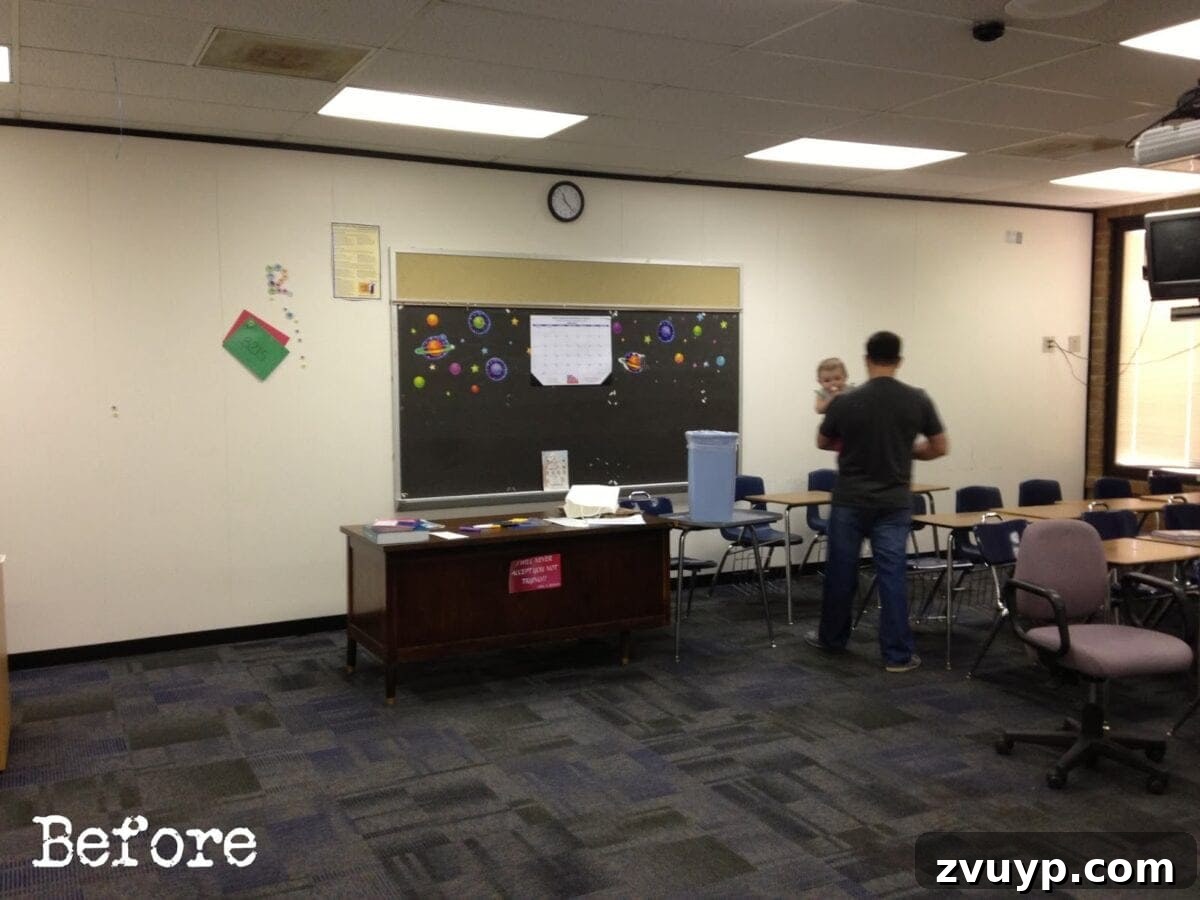 Another 'before' view of the classroom, highlighting its generic, institutional appearance before decoration.