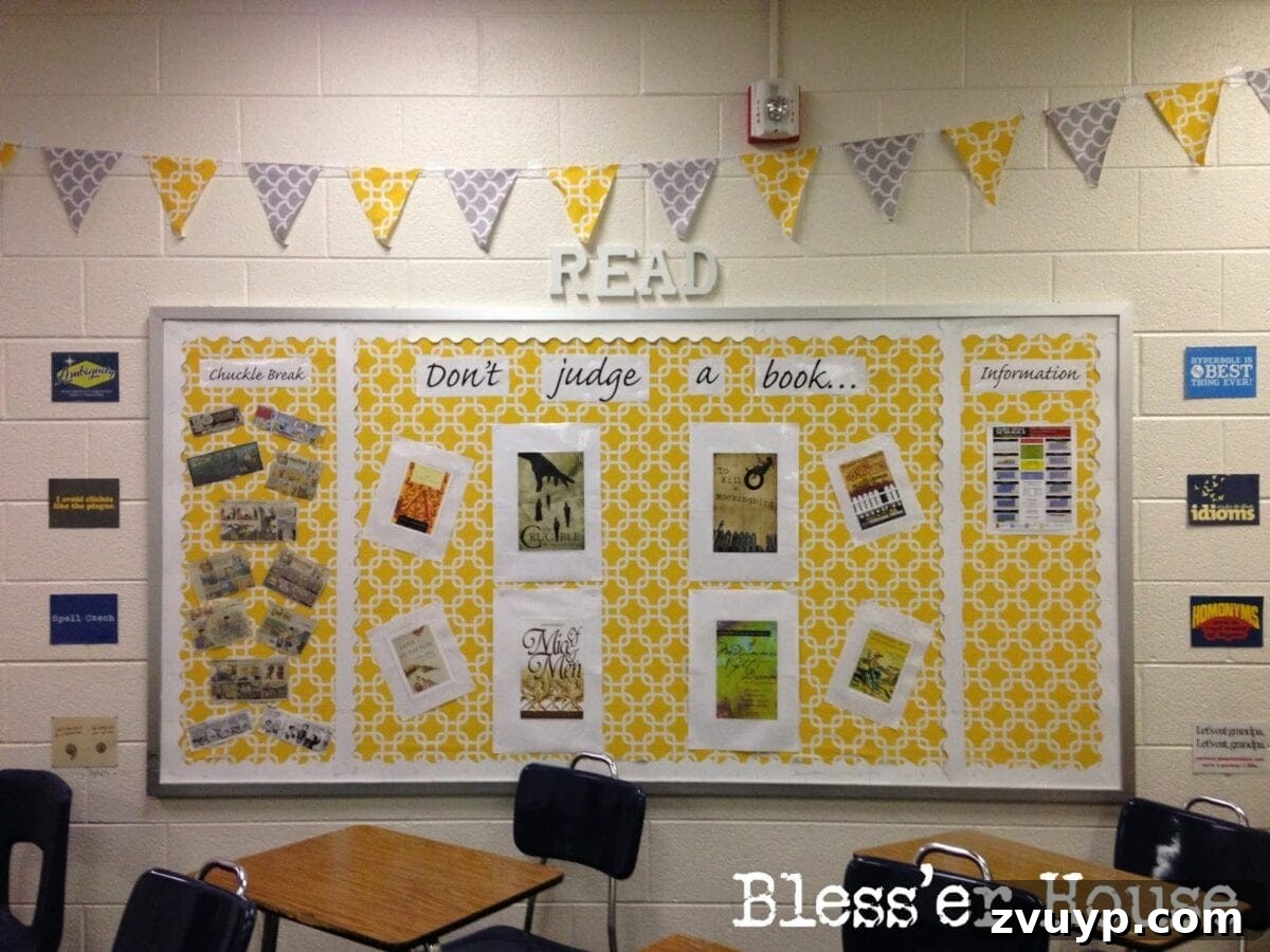 A cheerful bulletin board featuring yellow and blue fabric, 'READ' bunting, humorous comics, and images of novels.