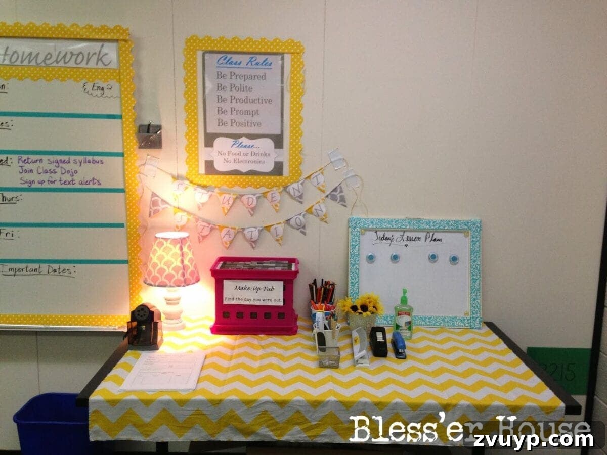 An organized student supply station with various tools, a makeup work tub, and a decorative lamp.