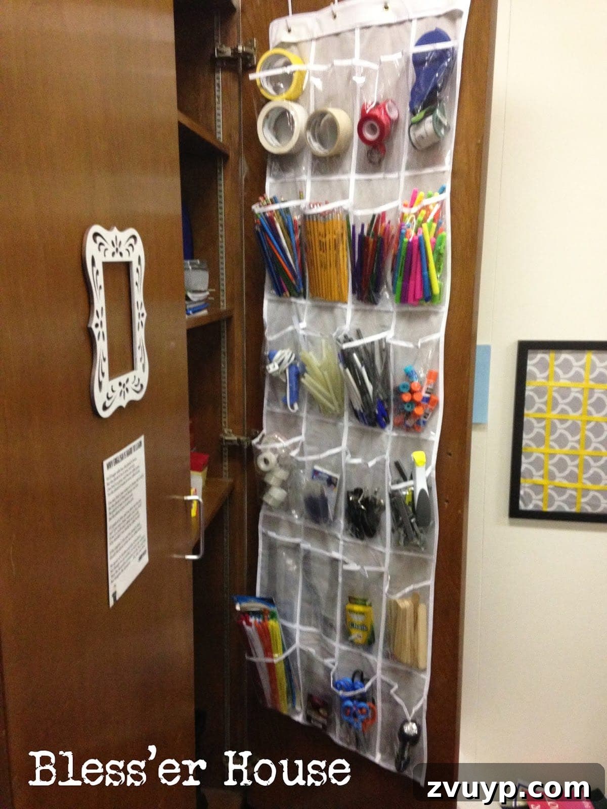 A repurposed shoe organizer effectively used for classroom supply storage, keeping small items tidy and accessible.