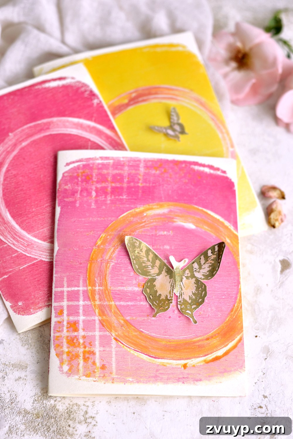 Beautiful gel print card embellished with a delicate butterfly motif