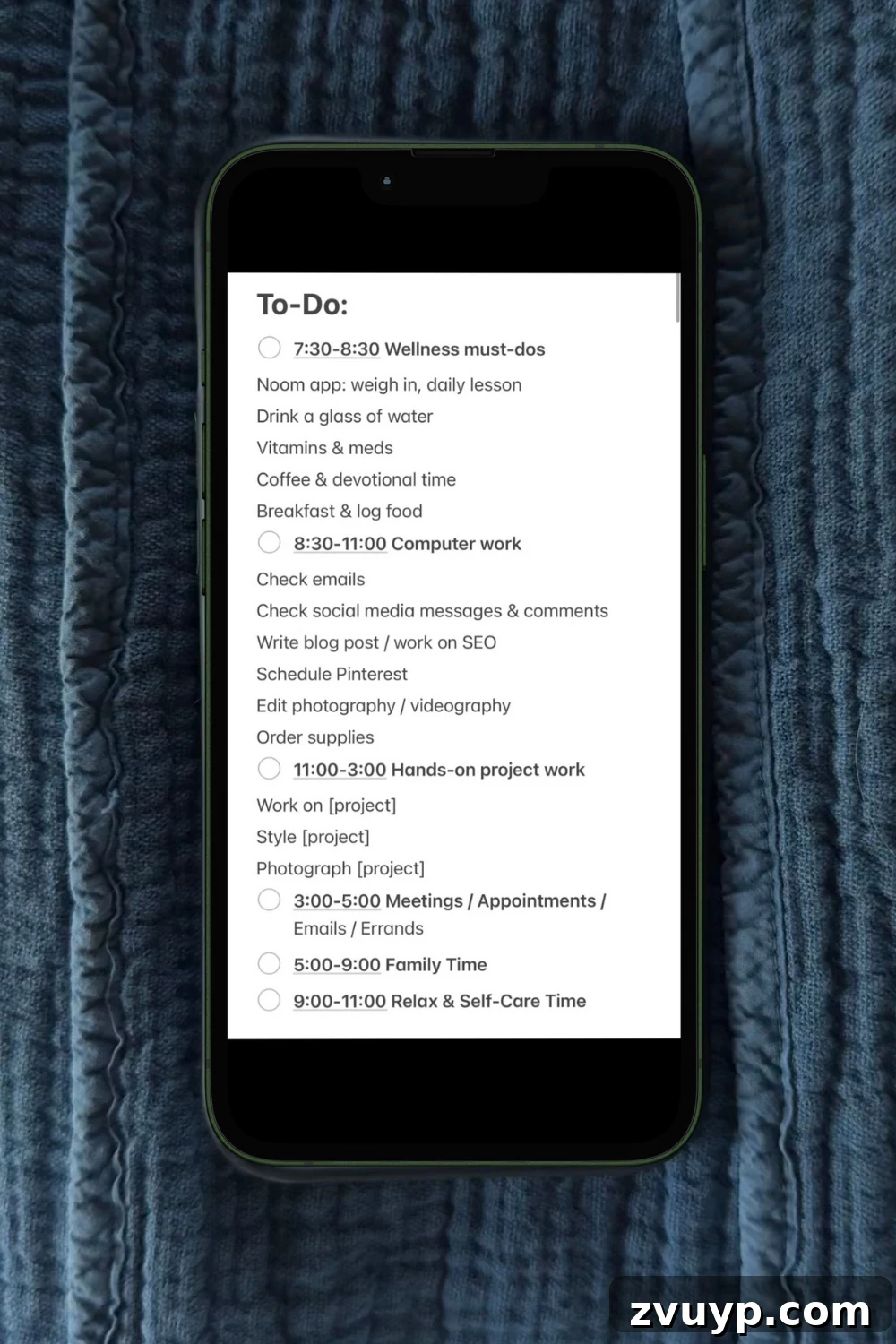 Screenshot of a time-blocking method used for an ADHD routine, showing scheduled tasks