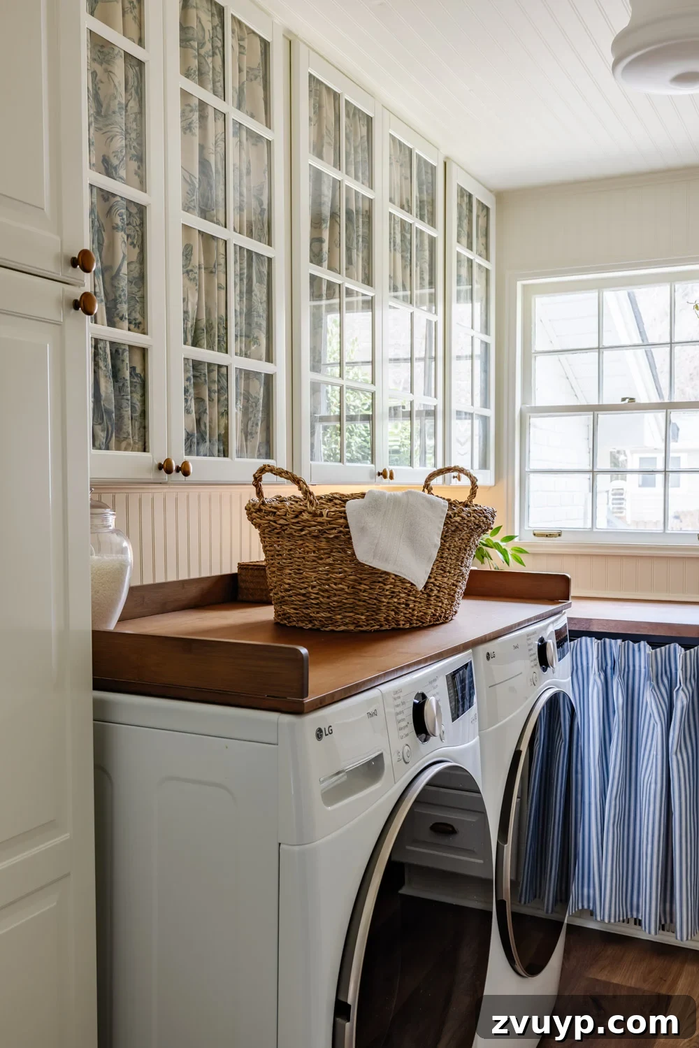 Unlock Hidden Storage in Your Small Laundry Room 5 small laundry room organization with gathered fabric glass front cabinet doors
