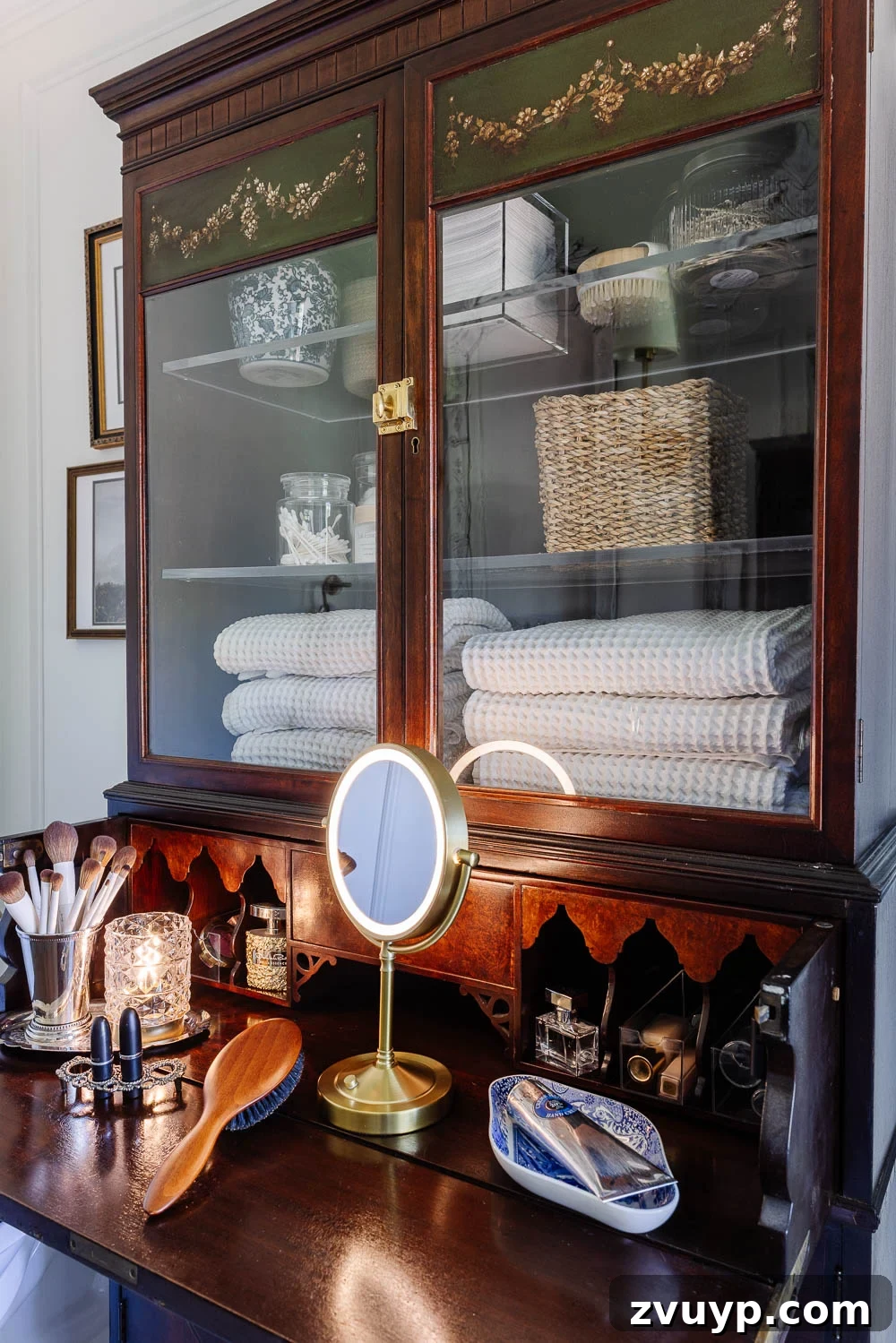 Secretary Desk Transformation: DIY Makeup Vanity for Small Bathrooms 4 Secretary desk closed, acting as elegant bathroom storage, highlighting its clutter-free design