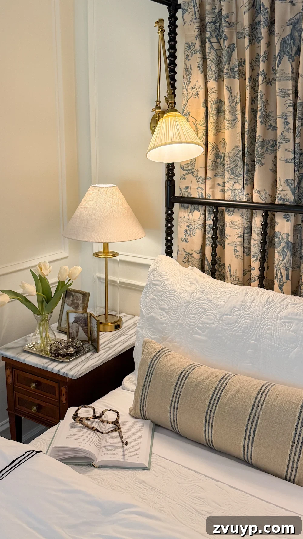 Layer Lighting Like an Interior Designer: Tips for Every Room 2 classic modern french country bedroom with layered lighting and canopy bed